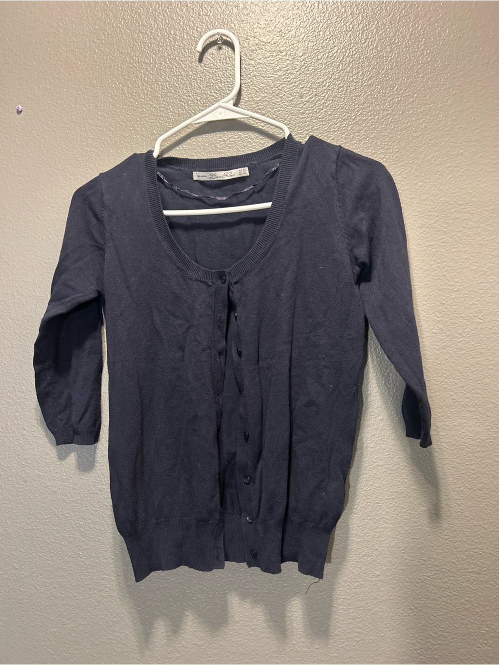 Zara Knit Cardigan Sweater Womens Small Navy Blue Scoop Neck 3/4 Sleeve Button